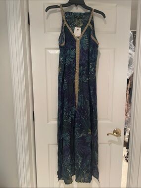 Women’s Navy Tropical Maxi Dress with Contrast Trim